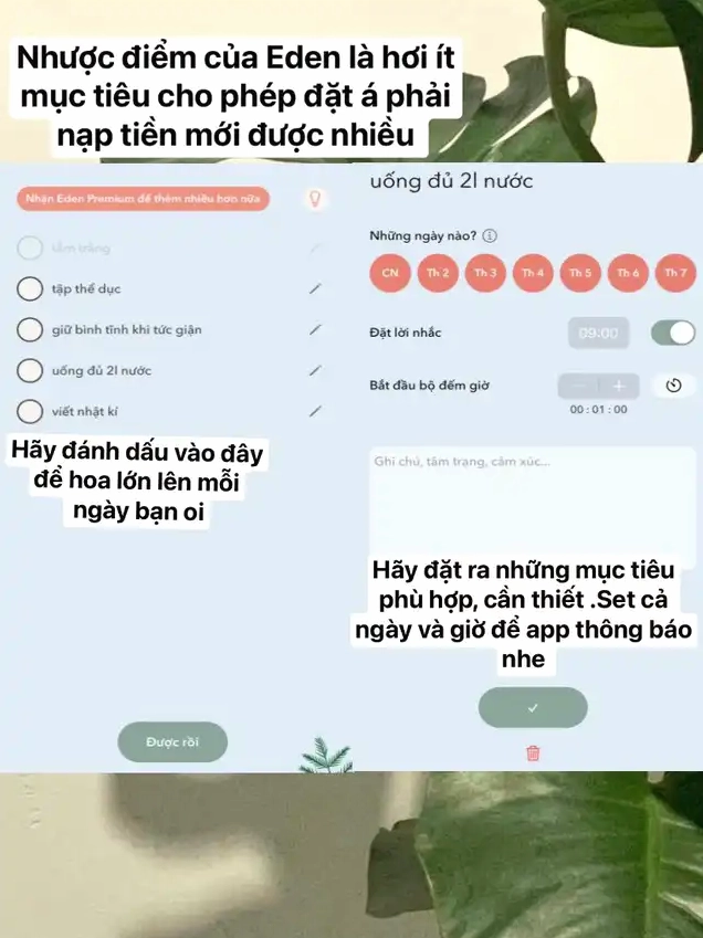 Giao diện ứng dụng Eden với các mục tiêu hàng ngày