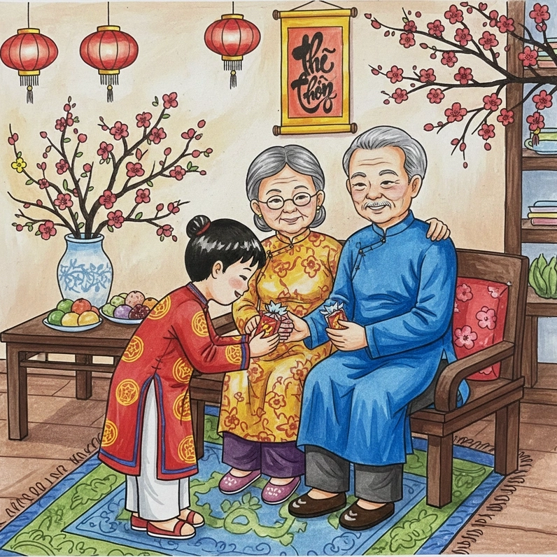 Gợi ý vẽ tranh đề tài gia đình ngày Tết sinh động