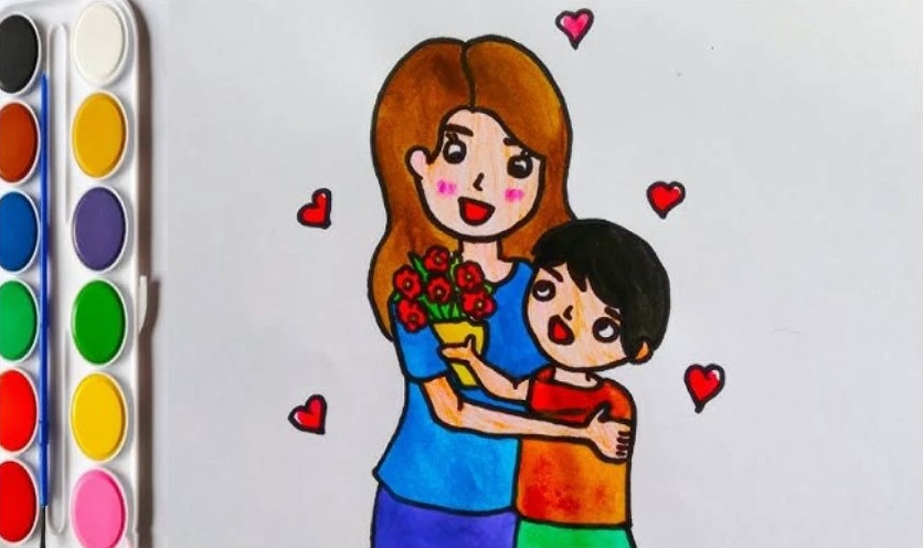 Hình ảnh 2 mẹ con được vẽ đơn giản