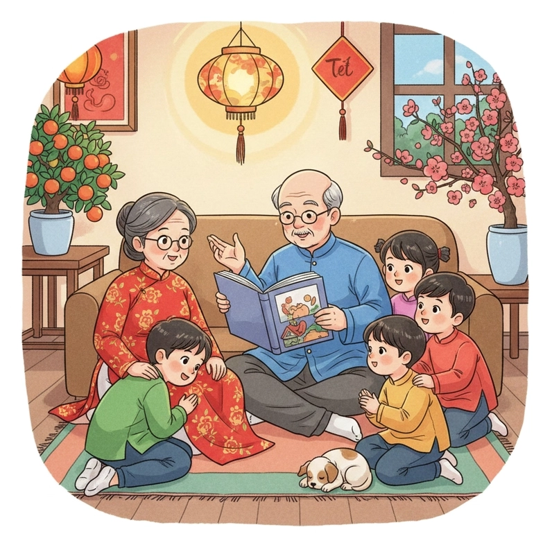 Hình tranh vẽ ngày Tết trong gia đình thân thương