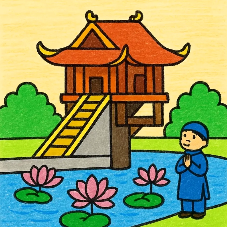 Hình vẽ Chùa Một Cột nét cơ bản