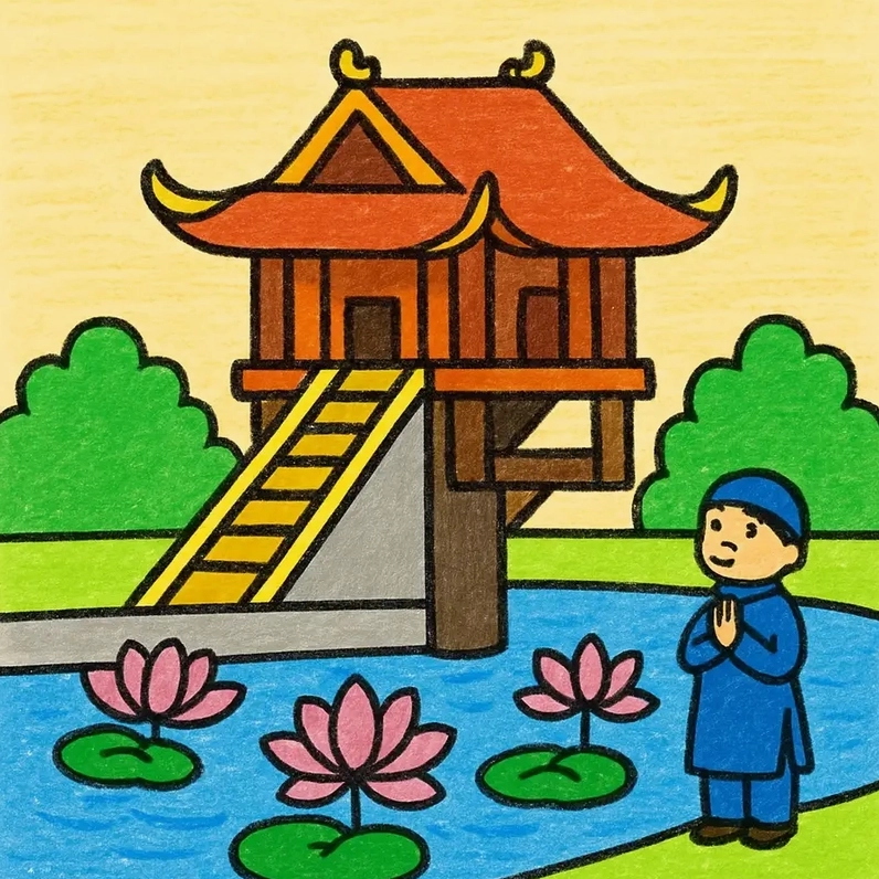 Hình vẽ Chùa Một Cột nét cơ bản