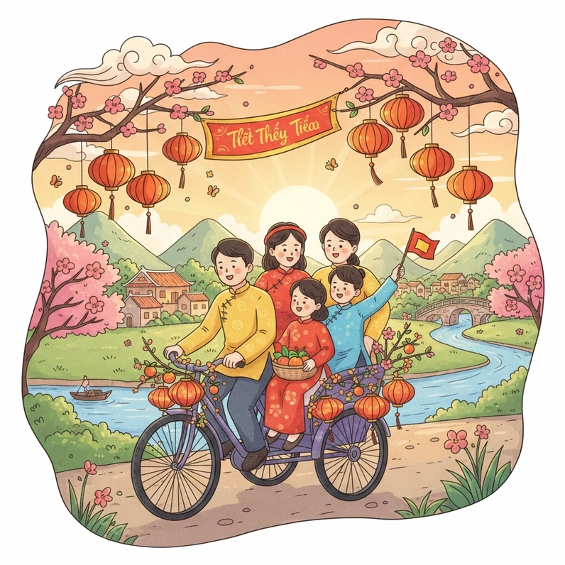 Hình vẽ gia đình ngày Tết trong không khí đoàn viên