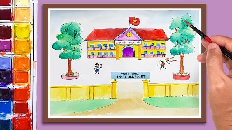 Hoàn thiện bức tranh trường học bằng màu sắc sinh động và rực rỡ.