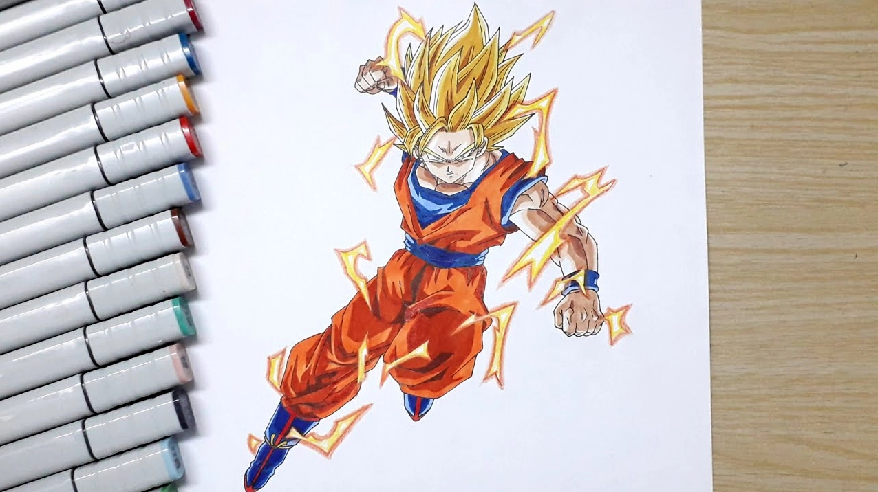 Hoàn thiện chi tiết và tô đậm các đường nét cho bức vẽ Goku