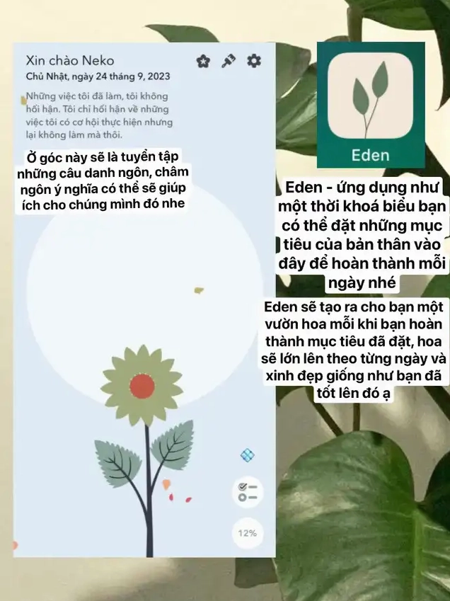 Màn hình giới thiệu ứng dụng Eden và tạo vườn hoa ảo