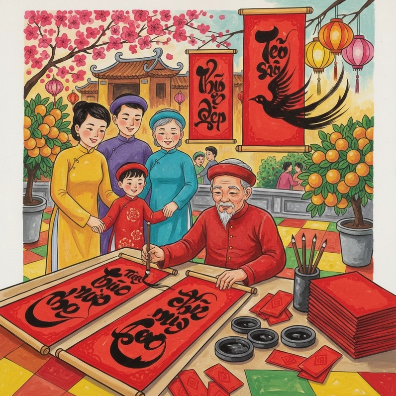 Mẫu vẽ tranh gia đình ngày Tết sum họp gợi ý