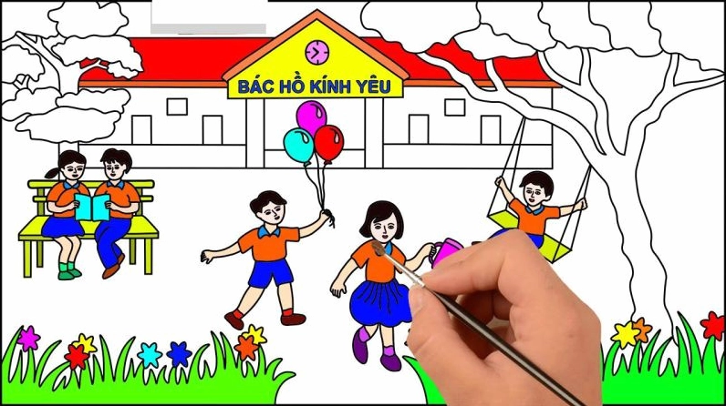 Mẫu vẽ trường tiểu học đẹp và sáng tạo