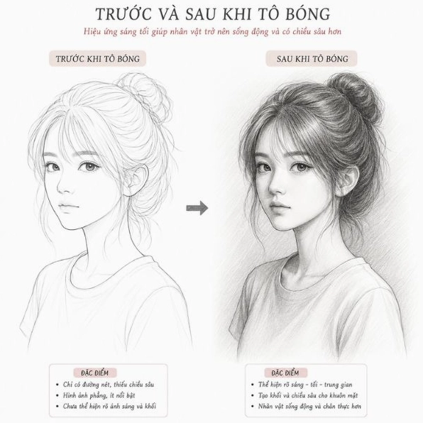 Minh họa cách tô bóng tranh người đẹp cho khuôn mặt