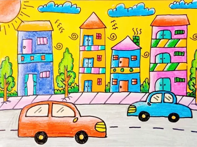 Minh họa cách vẽ thành phố đơn giản với phối cảnh một điểm tụ