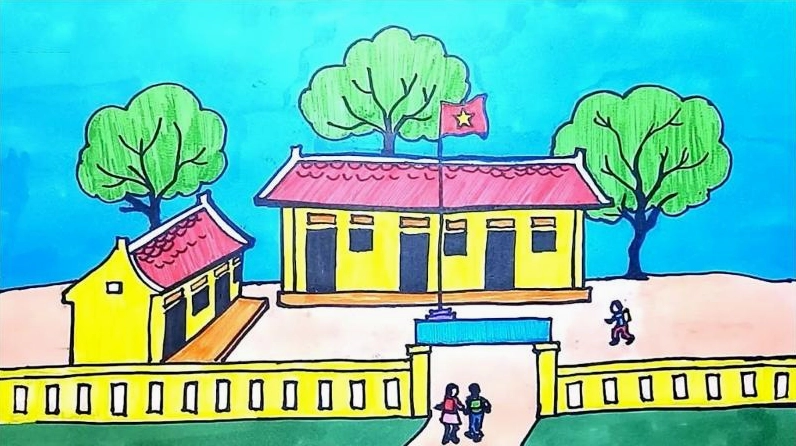 Ngôi trường thân yêu với hàng cây xanh mát và lá cờ đỏ sao vàng tung bay.