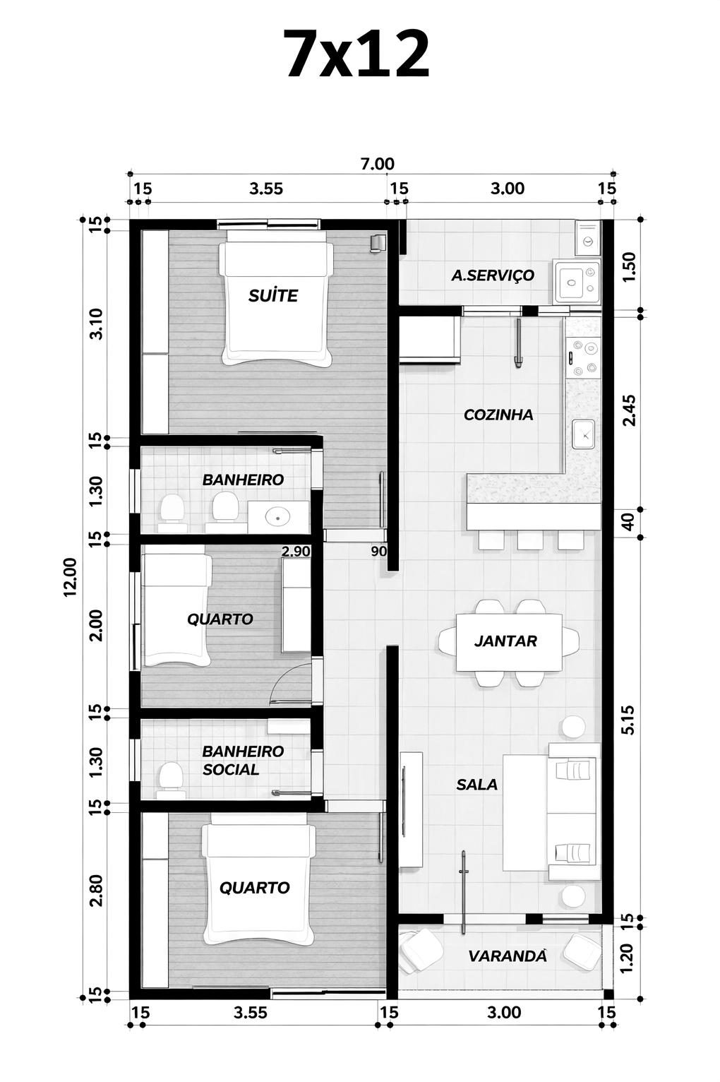 Nhà 2 tầng kích thước: 7,0 × 12,0 m được tổ chức theo trục trái – phải rõ ràng, với hiên trước khoảng 1,20m dẫn vào phòng khách liên thông khu ăn; bếp đặt phía sau, kết hợp khu giặt riêng để đảm bảo công năng và vệ sinh. Khối không gian bên trái bố trí 1 phòng ngủ suite, 2 phòng ngủ thường và 2 WC, phân chia theo module 2,8-3,55m, thuận tiện sử dụng và bố trí nội thất.