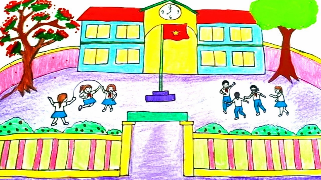 Phác thảo bố cục ngôi trường tiểu học bằng bút chì