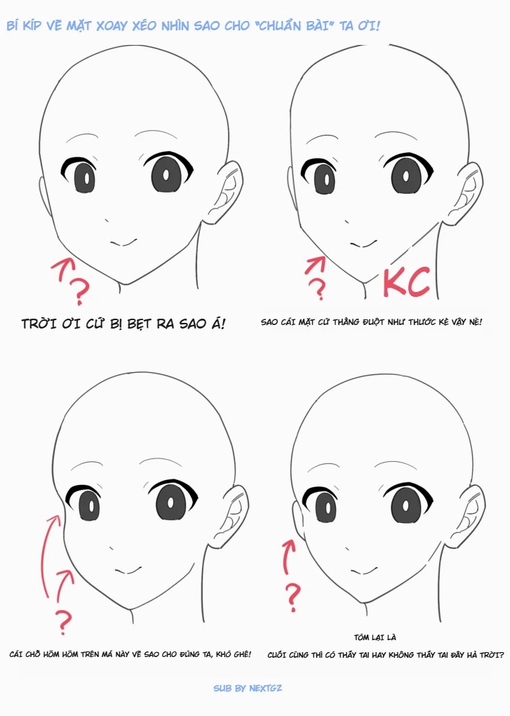 Phác thảo cấu trúc cơ bản của đầu anime với các đường nét
