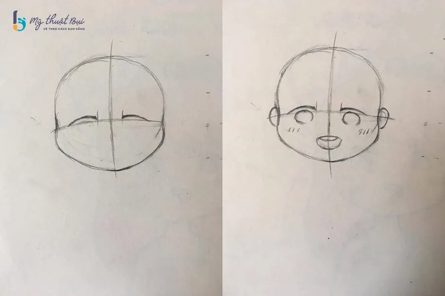 Phác thảo khuôn mặt chibi với các đường nét cơ bản