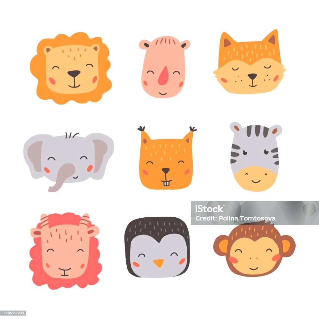 Set Of Cute Wild Animals Faces Hand Drawn Style Vector ...