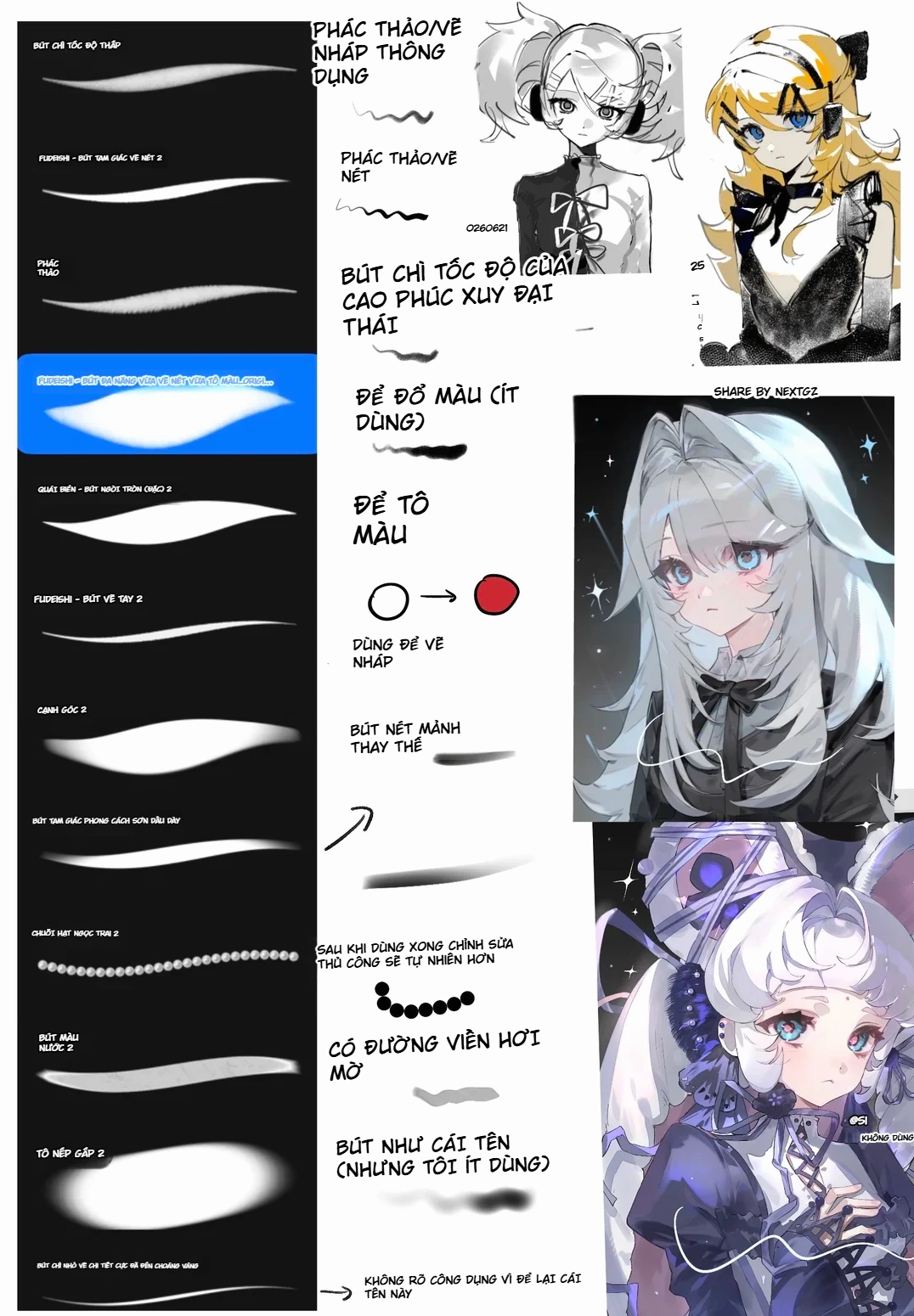 Share brush Procreate cho vẽ anime: hướng dẫn dùng bộ cọ phác thảo, đi nét, tô màu và tạo chất liệu