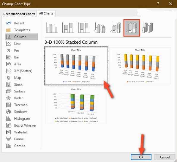 Sử dụng tính năng Recommended Charts trong Excel để chọn biểu đồ phù hợp