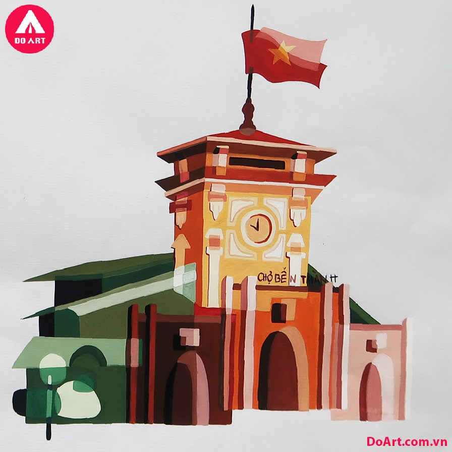Tạo khối và đổ bóng cho Chợ Bến Thành bằng màu sắc