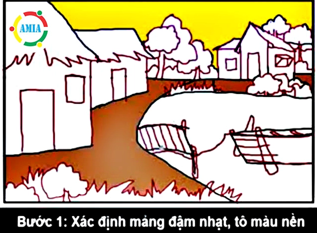 Tô màu chi tiết cho tranh phong cảnh quê hương bằng màu nước