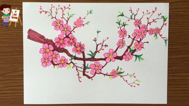 Tô màu hoàn chỉnh bức tranh vẽ cành đào