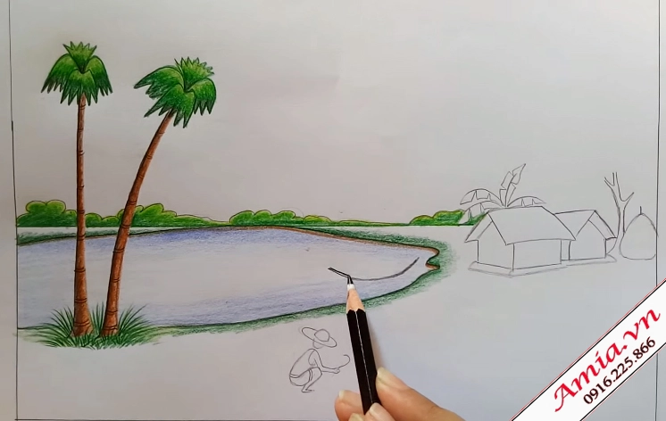 Tô màu sáp cho tranh phong cảnh quê hương chi tiết