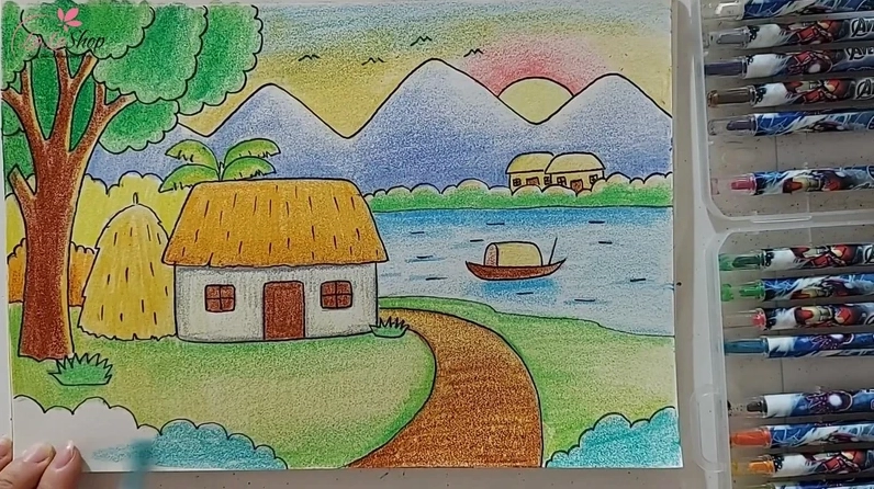 Tô màu và hoàn thành bức tranh phong cảnh quê hương