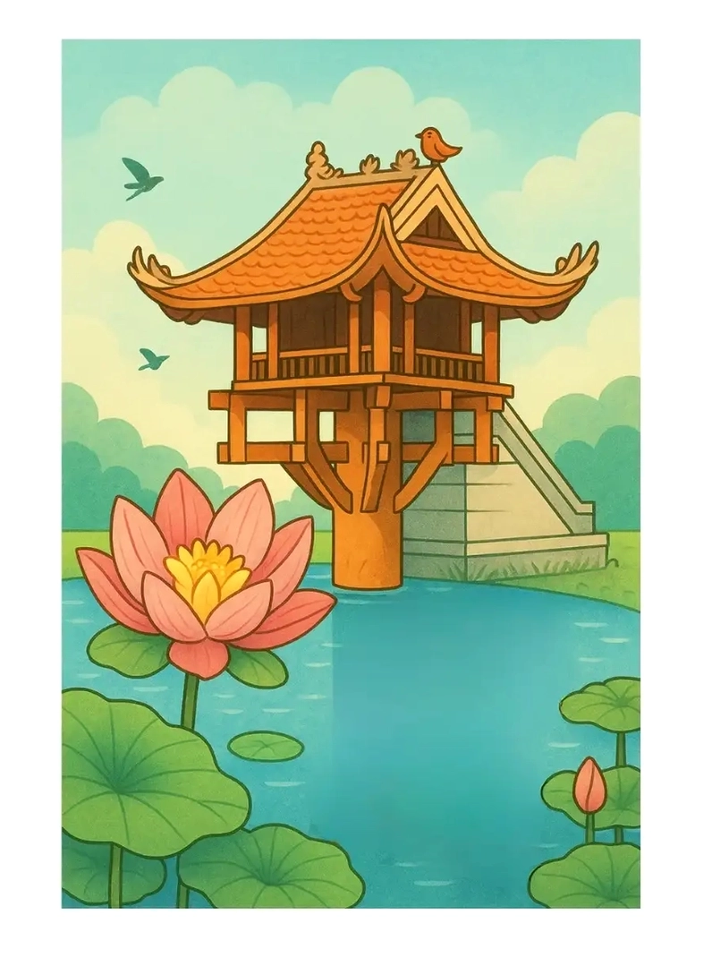 Tranh Chùa Một Cột nét tối giản