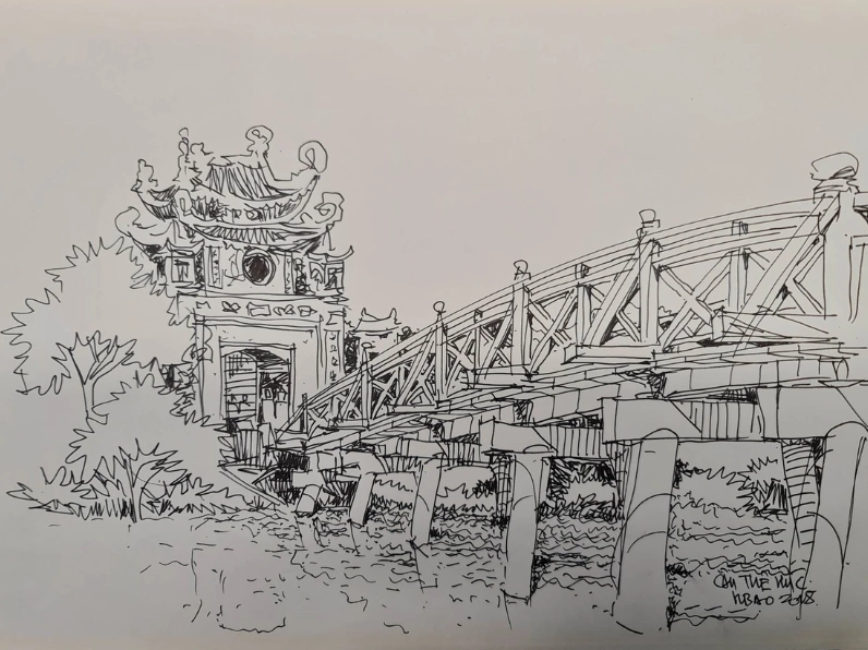 Tranh Hồ Gươm chất liệu chì than, phong cách ký họa