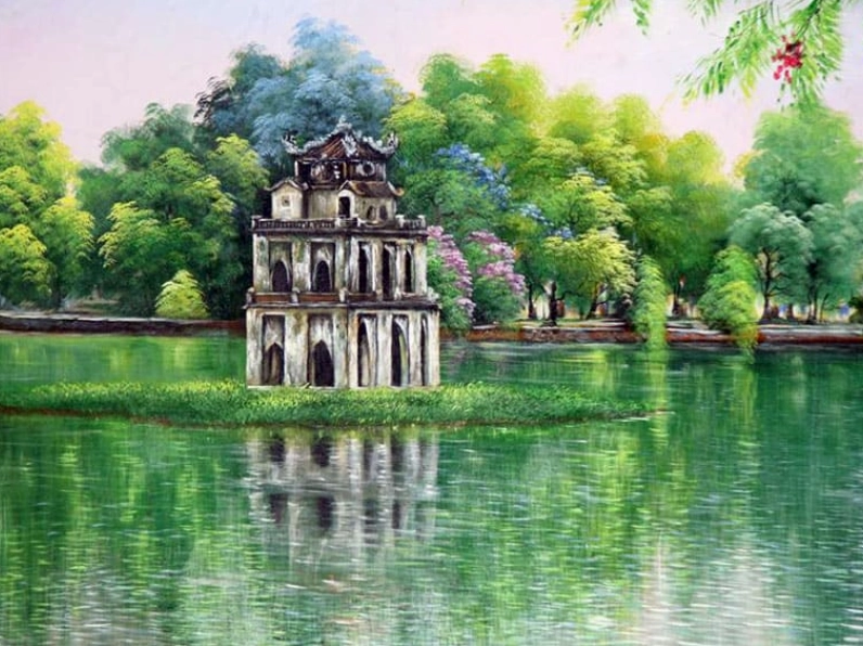 Tranh Hồ Gươm với Tháp Rùa giữa hồ