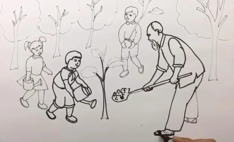 Tranh ký họa nét chì thể hiện ý tưởng Bác Hồ cùng thiếu nhi trồng cây, lan tỏa tinh thần yêu lao động.