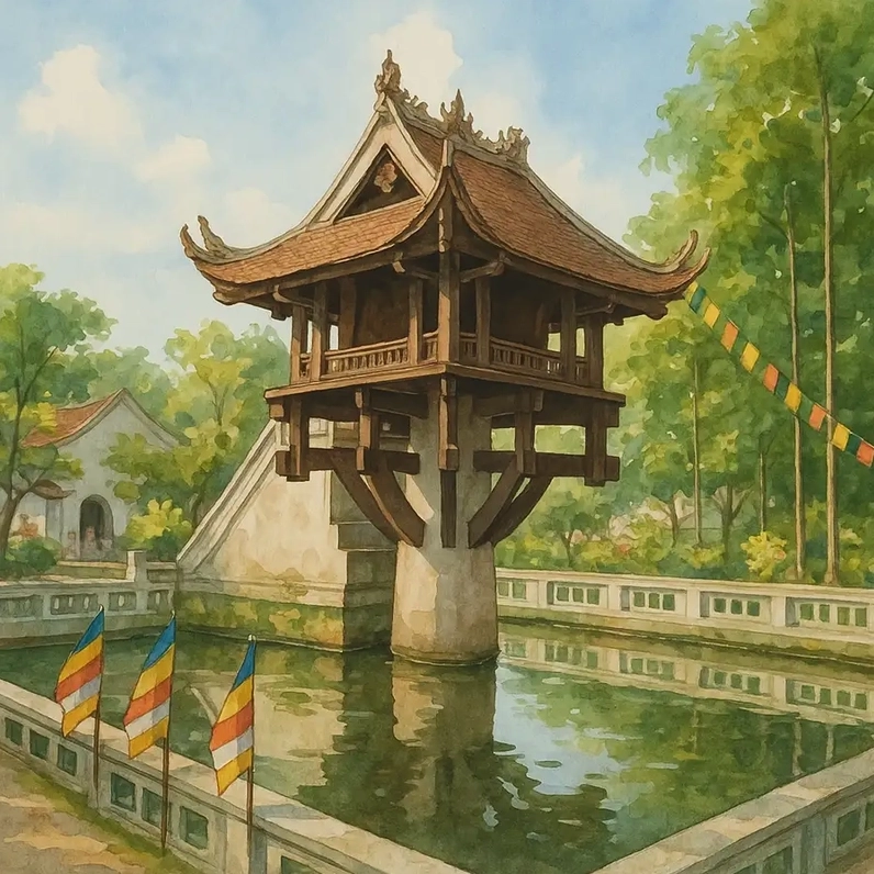 Tranh phong cảnh Chùa Một Cột đơn giản