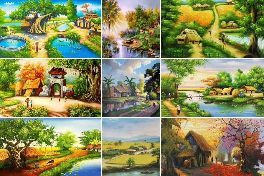 Tranh phong cảnh làng quê Việt Nam với cánh đồng lúa chín