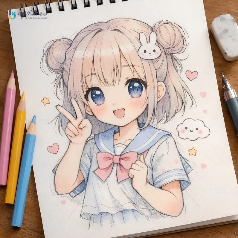 Tranh vẽ anime nữ với đôi mắt biểu cảm