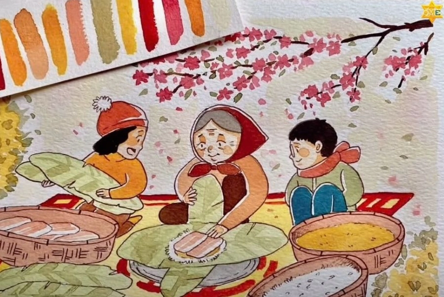 Tranh vẽ cây mai ngày Tết