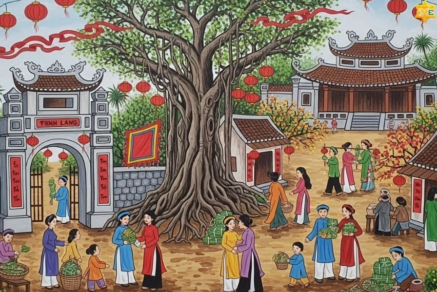 Tranh vẽ chợ hoa ngày Tết