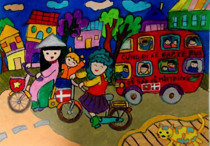 Tranh vẽ chủ đề Sống Xanh - Đan Mạch với xe đạp và năng lượng tái tạo