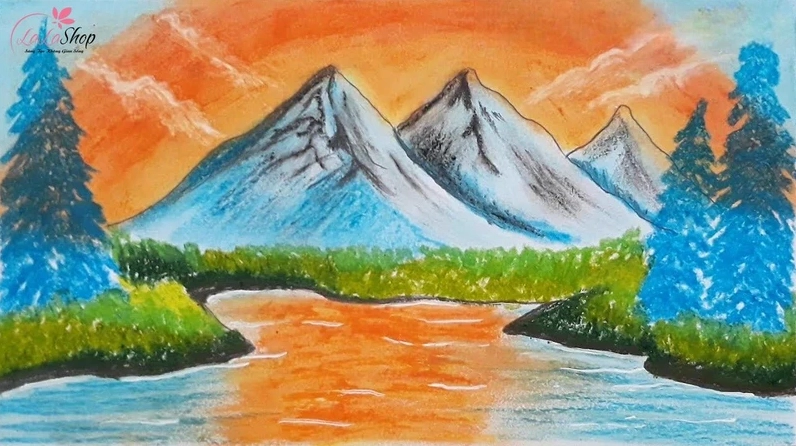 Tranh vẽ đỉnh núi và hoàng hôn