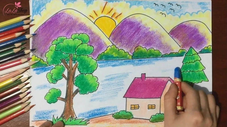 Tranh vẽ đỉnh núi và nhà tranh