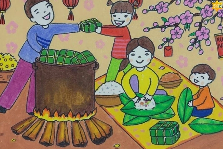 Tranh vẽ gia đình quây quần bên mâm cỗ ngày Tết