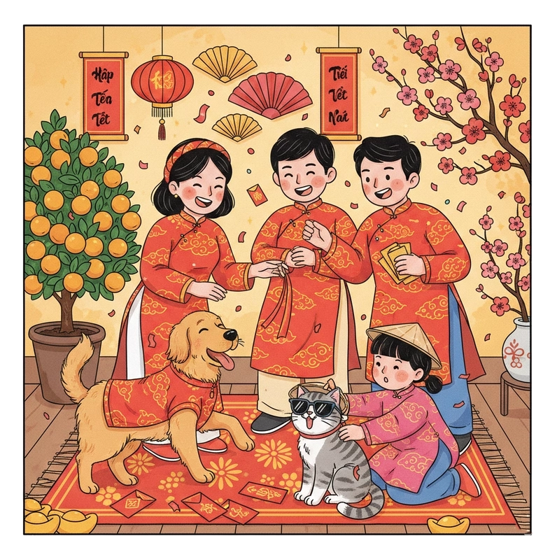 Tranh vẽ gia đình sum họp ngày Tết đơn giản