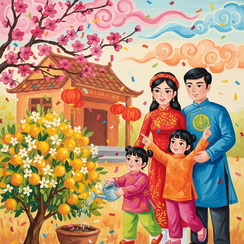 Tranh vẽ gia đình sum vầy ngày Tết tươi vui
