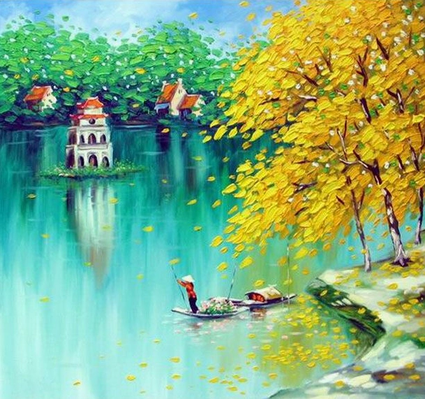 Tranh vẽ hồ gươm với nét vẽ phóng khoáng