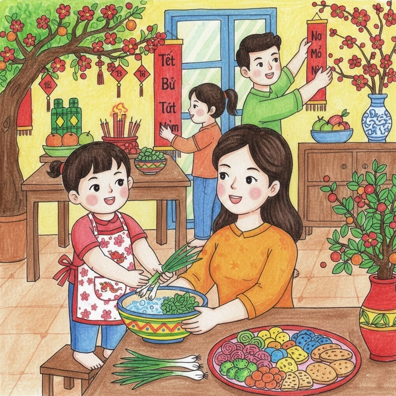 Tranh vẽ ngày Tết trong gia đình đoàn viên