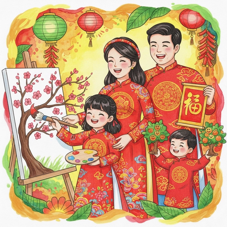 Tranh vẽ sum họp gia đình ngày Tết thân mật