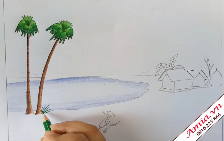 Vẽ chi tiết con đường và cây cối trong tranh quê hương