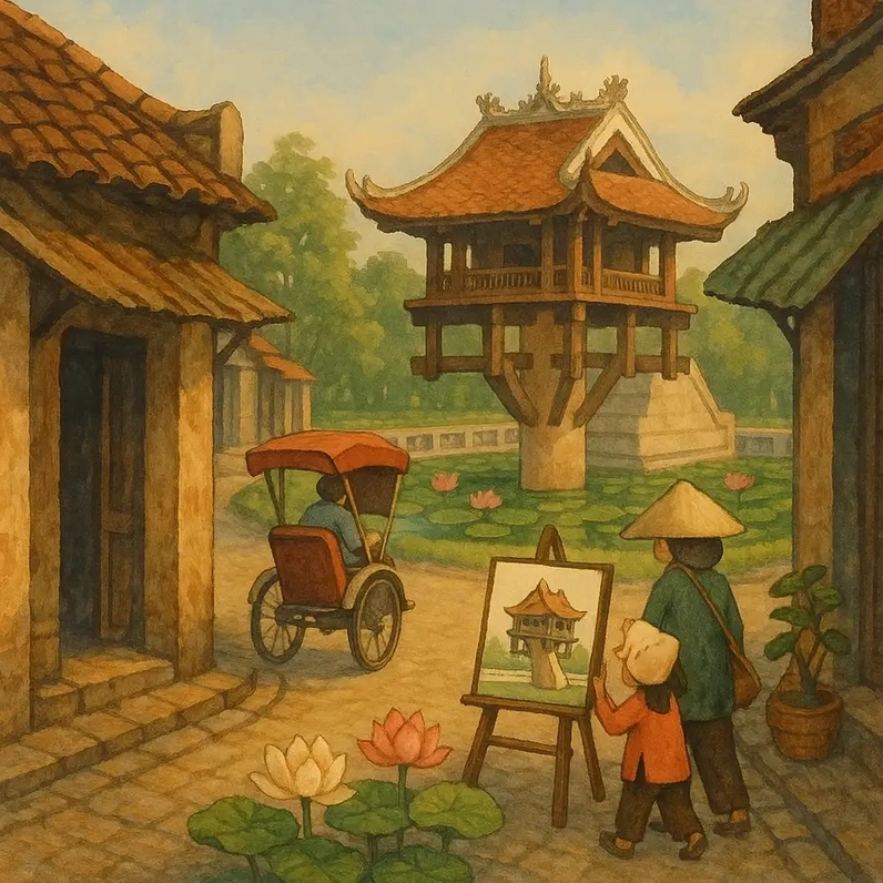 Vẽ Chùa Một Cột cho bài tập mỹ thuật