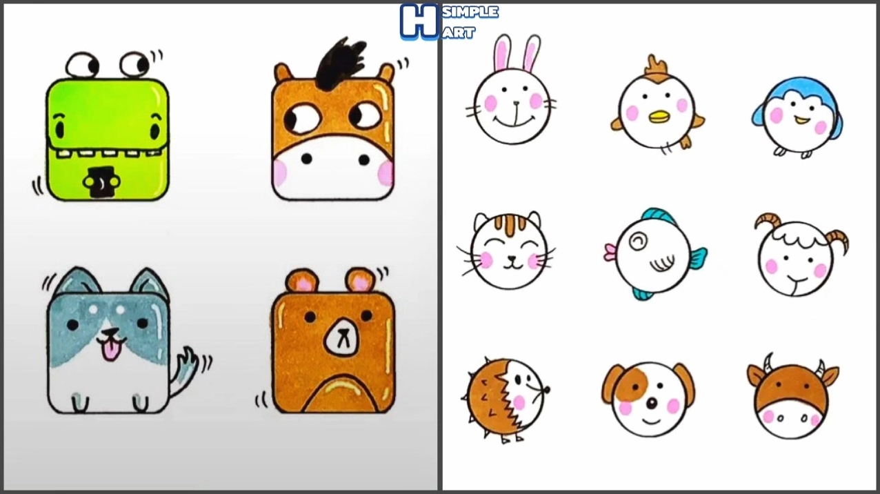 Vẽ hình cute đáng yêu từ hình vuông và hình tròn | Vẽ tranh thư ...