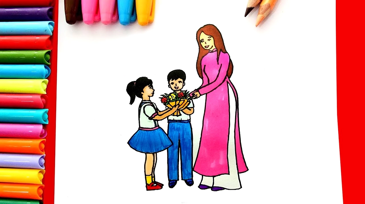 Vẽ hoa đào và các yếu tố phụ để tạo nên bức tranh hoàn chỉnh