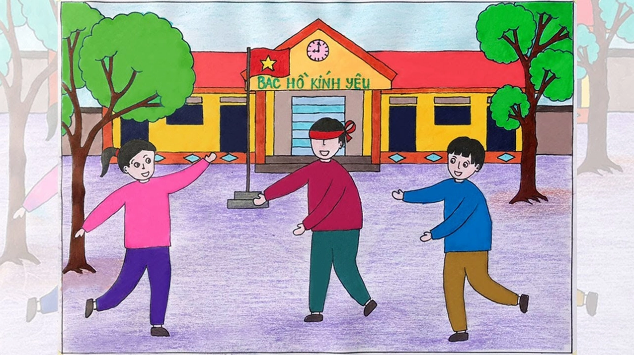 Vẽ sân trường với cây xanh và khu vui chơi